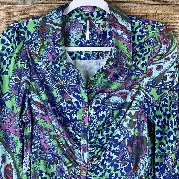Free People Bianca Printed Blouse Long Sleeve Button Up Jade Combo Size Medium - Picture 2 of 11